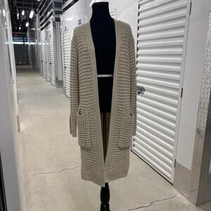 Chunky Fall Waffle Knit Open Front Long Cardigan Sweater Size Small Beige